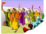 Wedding party arriving, in the parable of the virgins with oil lamps